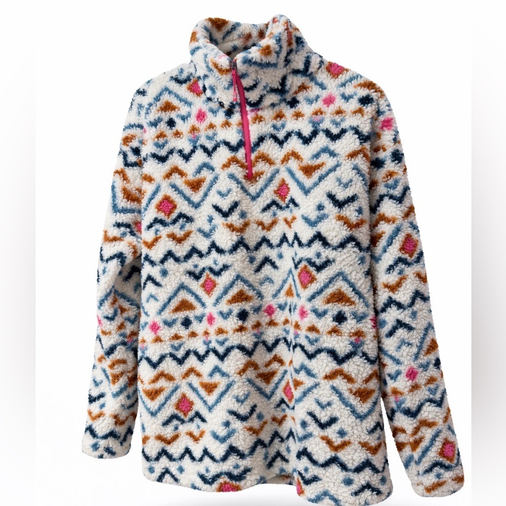Eddie Bauer Sherpa 1/4 Zip Pullover White Aztec Fleece Cozy M